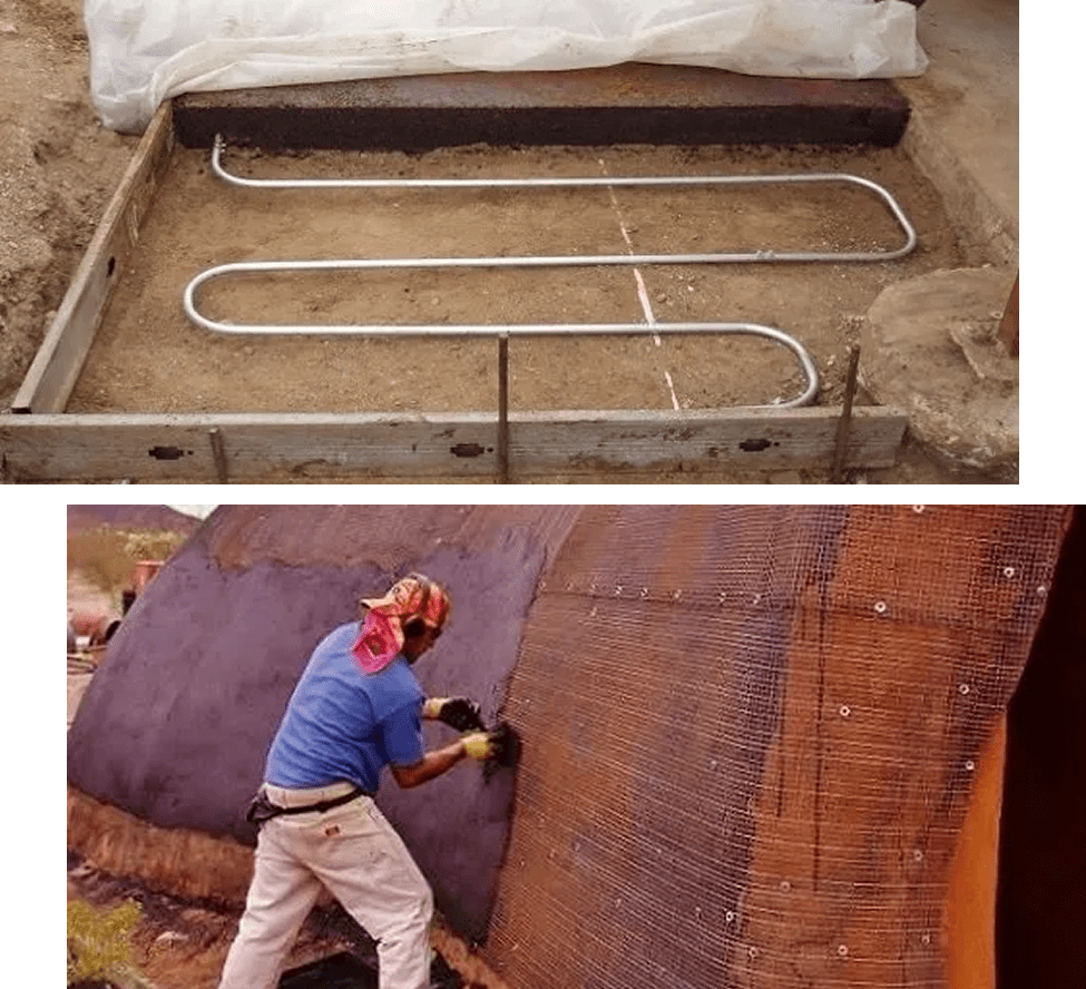 Construction work with pipes and wall coating.